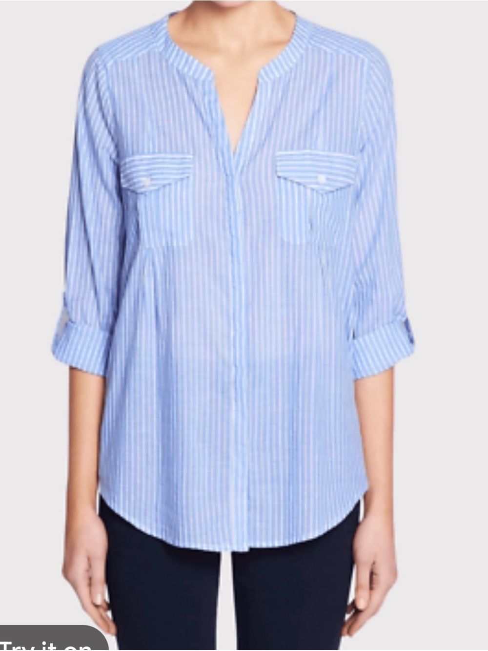 Joie Kalanchoe Chambray
Porcelain Tunic Top Size M 
Blue Stripe Roll sleeve